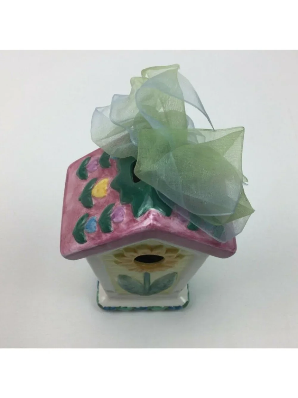 Ceramic Birdhouse Indoor Decor Sunflower Birds Flowers Hearts Ribbon Hanger